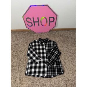 SHEIN CURVE Black White Plaid Color Block Long Sleeve Button Up Shirt Womens XL